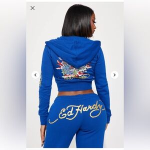 Ed Hardy Blue Cropped Hoodie and Joggers Set with Gold Script XS Small